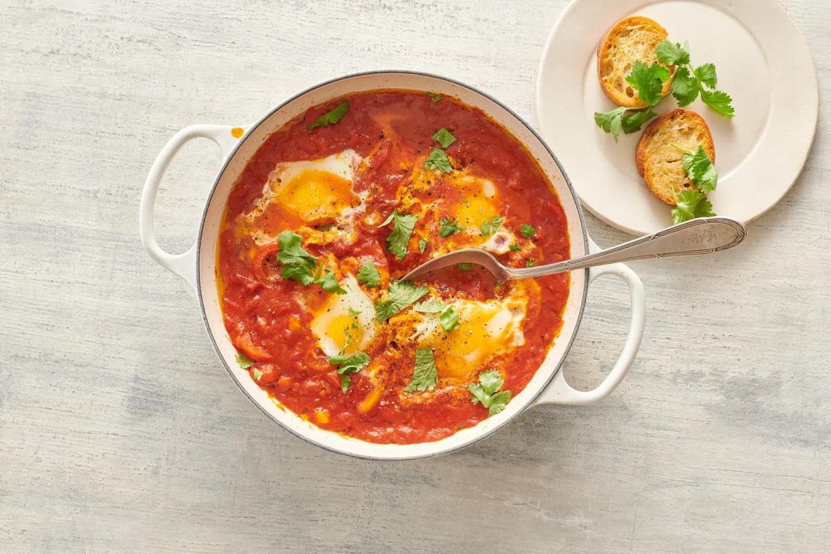 Shakshuka aus der Kategorie Frühstück &amp; Brunch. Das fertige Gericht schön angerichtet und fotografiert aus Vogelperspektive (Food Fotografie). Serviervorschlag, Original Tiptopf Rezept, aus dem bekanntesten Kochbuch der Schweiz