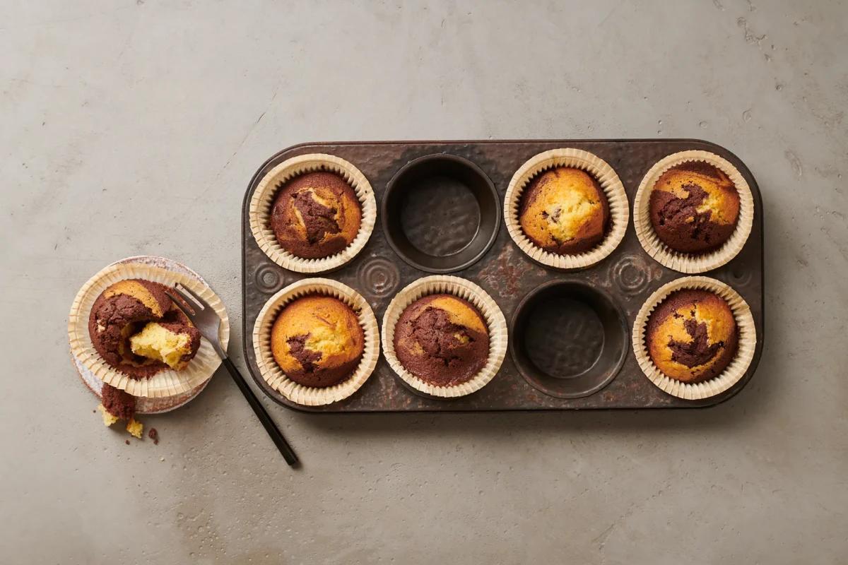 Marmormuffins aus der Kategorie Gebäck süss. Zubereitungsmethode Backen. Das fertige Gericht schön angerichtet und fotografiert aus Vogelperspektive (Food Fotografie). Serviervorschlag, Original Tiptopf Rezept, aus dem bekanntesten Kochbuch der Schweiz