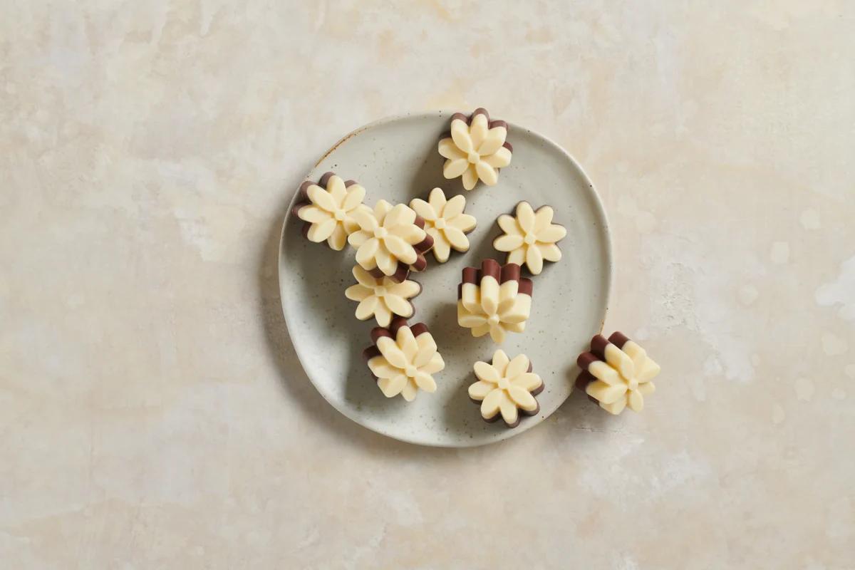 Pralinés. Das fertige Gericht schön angerichtet und fotografiert aus Vogelperspektive (Food Fotografie). Serviervorschlag, Original Tiptopf Rezept, aus dem bekanntesten Kochbuch der Schweiz