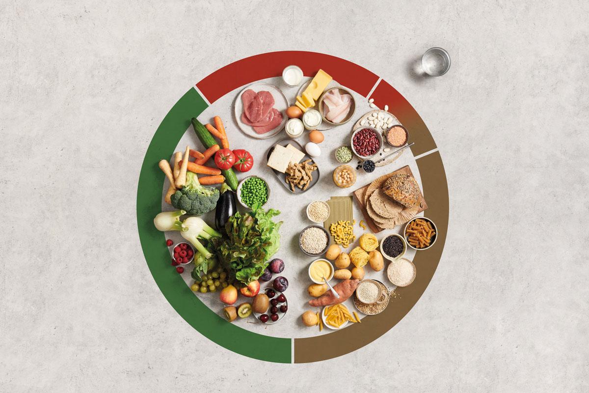 Tellermodell mit Aufteilung der empfohlenen Ernährungsbestandteile ähnlich der Ernährungspyramide aus grünem Gemüse, Früchte und Beeren, Molkeprodukten und Eiern, Fleisch und Fisch sowie Brot, Cerealien und Kartoffeln