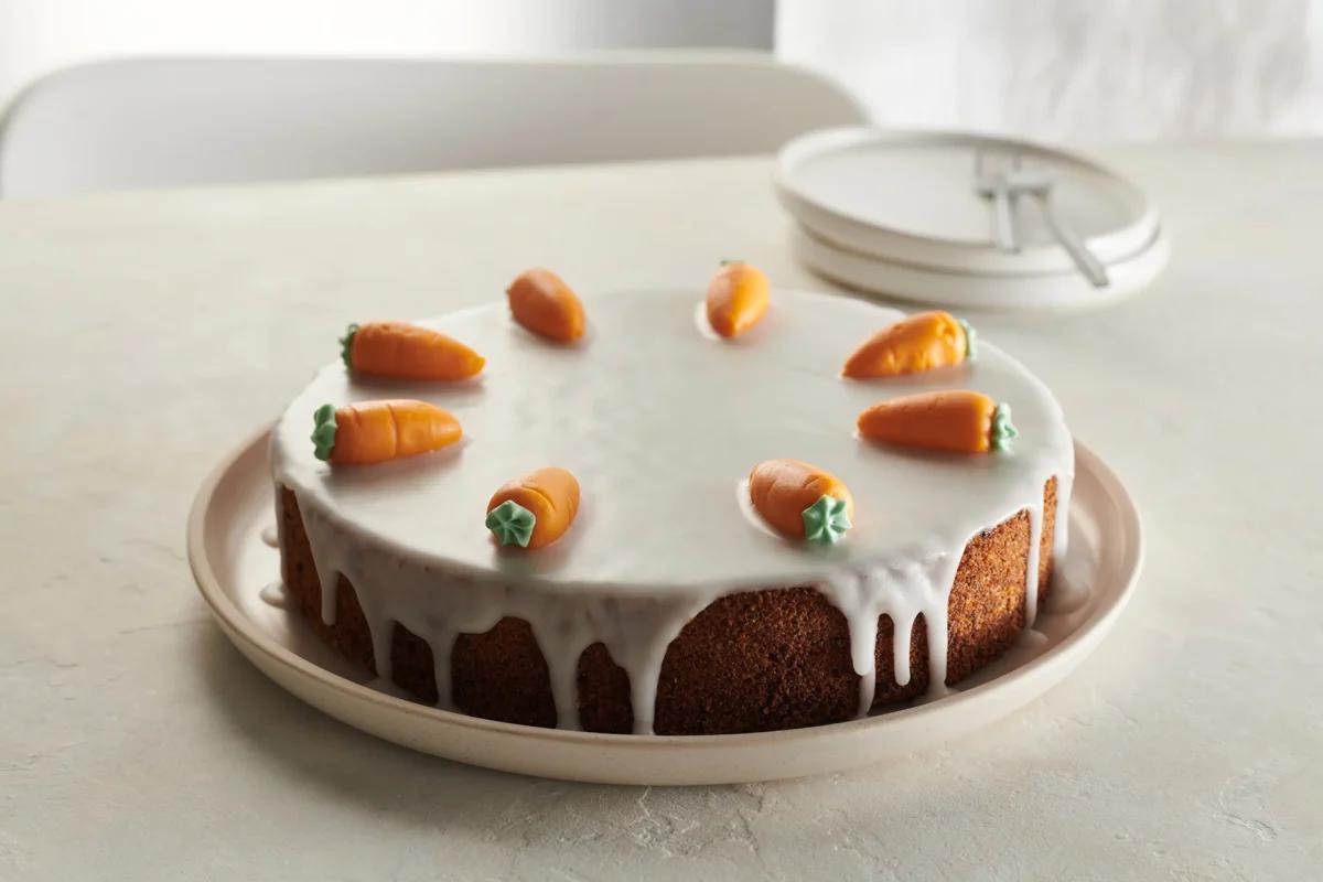 Rüeblitorte aus der Kategorie Gebäck süss. Das fertige Gericht schön angerichtet und fotografiert aus Vogelperspektive (Food Fotografie). Serviervorschlag, Original Tiptopf Rezept, aus dem bekanntesten Kochbuch der Schweiz