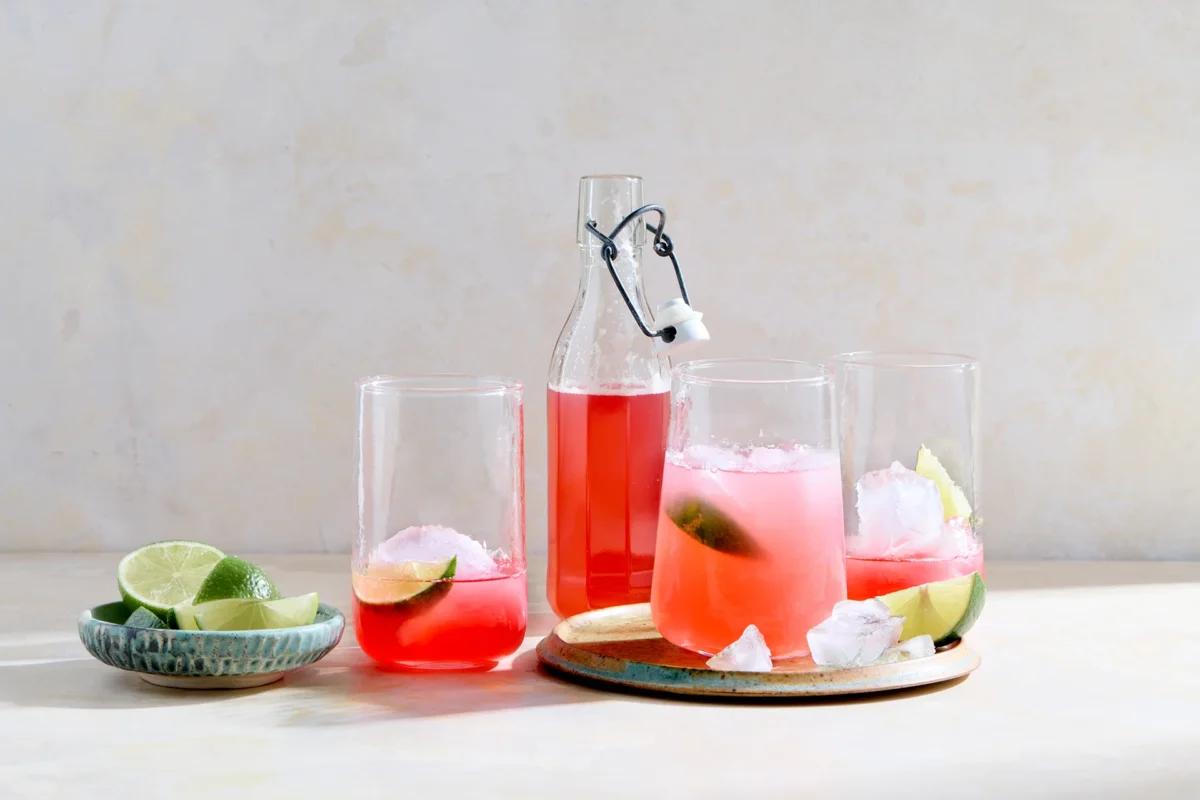 Rhabarber-Limetten-Drink, aus der Kategorie . Zubereitungsmethode Sieden. Das fertige Gericht schön angerichtet und fotografiert aus Vogelperspektive (Food Fotografie). Serviervorschlag, Original Tiptopf Rezept, aus dem bekanntesten Kochbuch der Schweiz